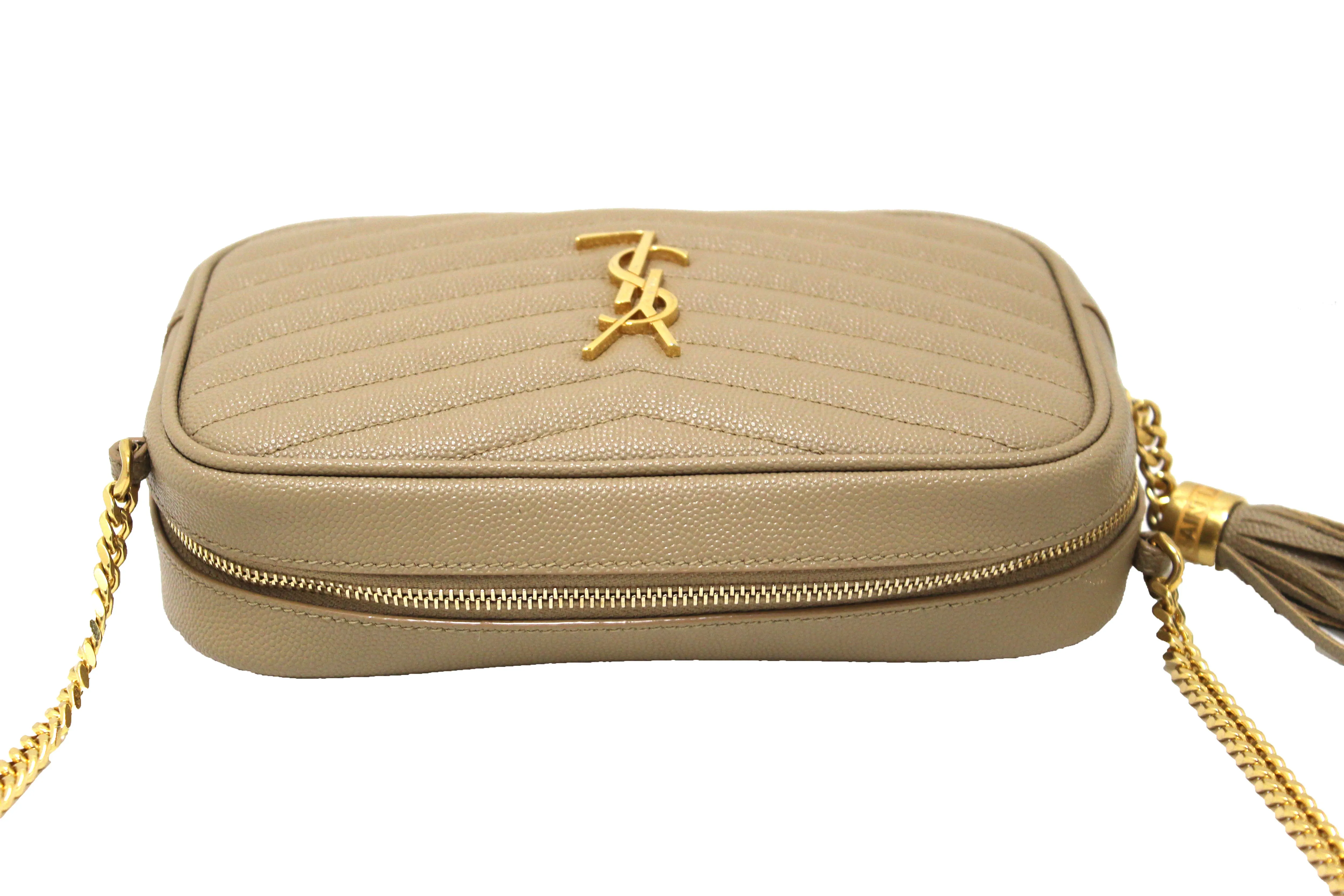 Authentic Saint Laurent Beige Grain Poudre Embossed Leather Lou Mini Bag