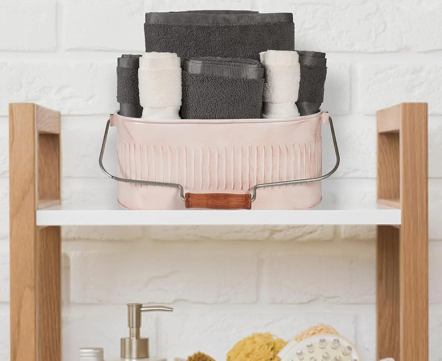 Bedding Craft Galvanized Utensil Caddy, Tinware Dcor, Picnic Cutlery Holder, Flatware Storage, Outdoor Cream White Organizer, Galvanized Bucket Bin
