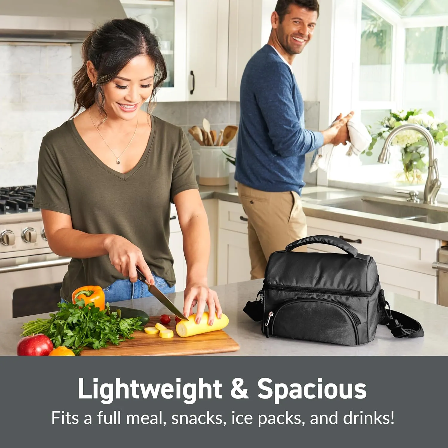 Bentgo Deluxe Lunch Bag - Durable and Insulated Lunch Tote with Zippered Outer Pocket, Internal Mesh Pocket, Padded & Adjustable Straps, & 2-Way Zippers - Fits Most Lunch Boxes (Carbon Black)