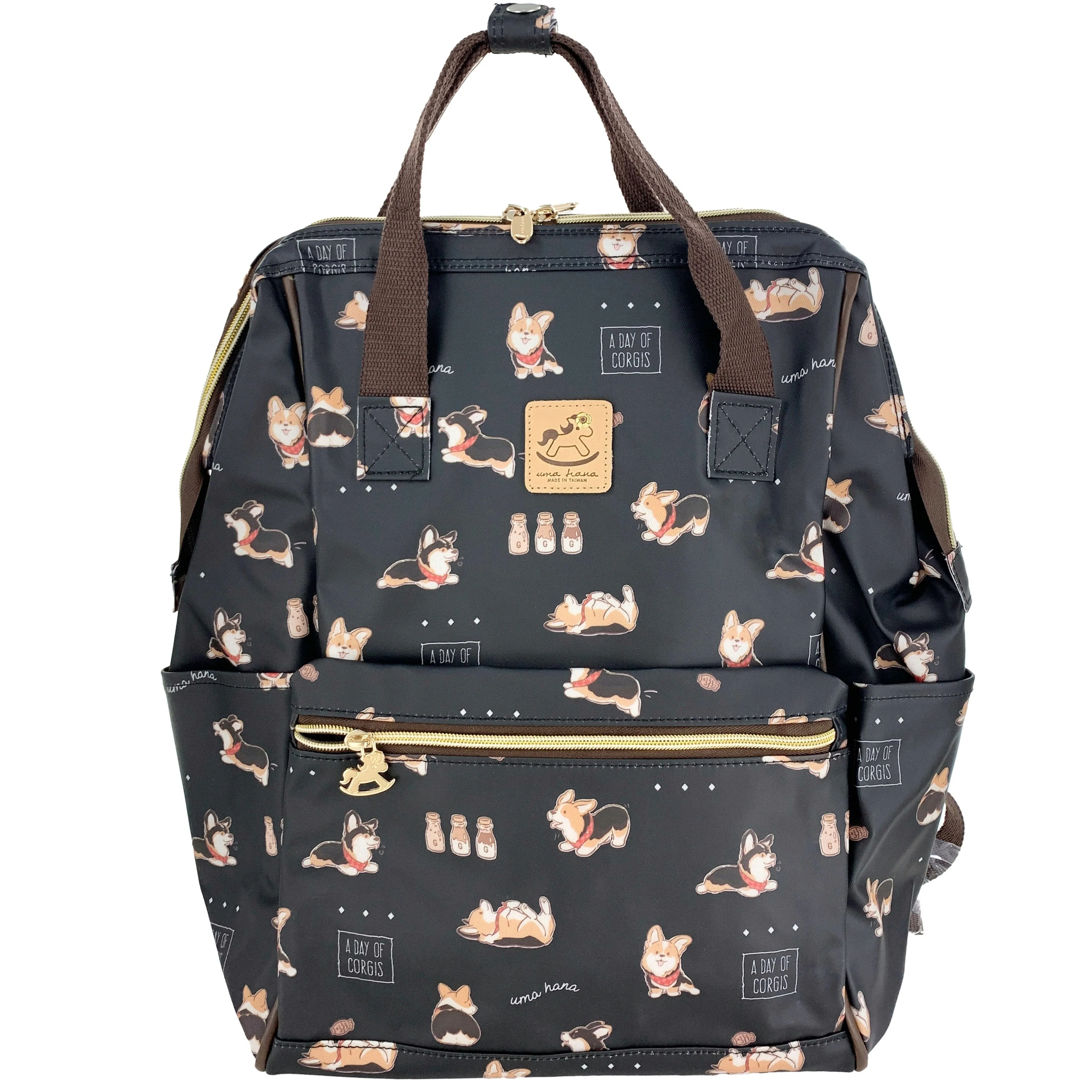 Black Tricolor Corgi Large Opening Backpack