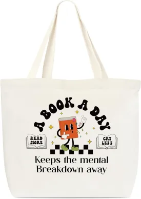 Canvas Tote Bag, A Book A Day Tote Bag For Book Lover, Mental Health Totes, Reusable Grocery Shopping Bag, Library Shoulder Bag For Reader Bookish Women Friend Bookworm A(19)