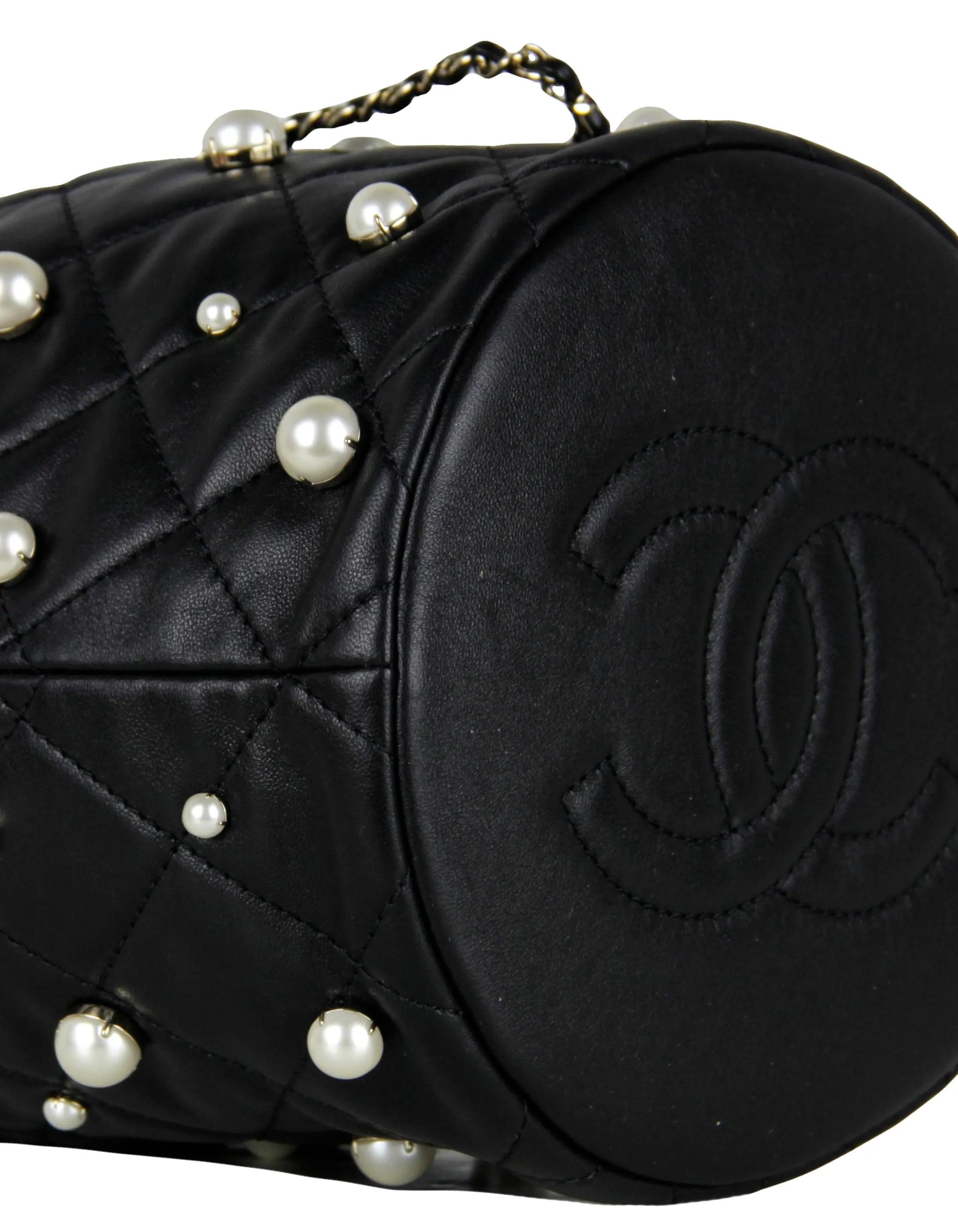 Chanel Black Leather Pearl Bucket Bag
