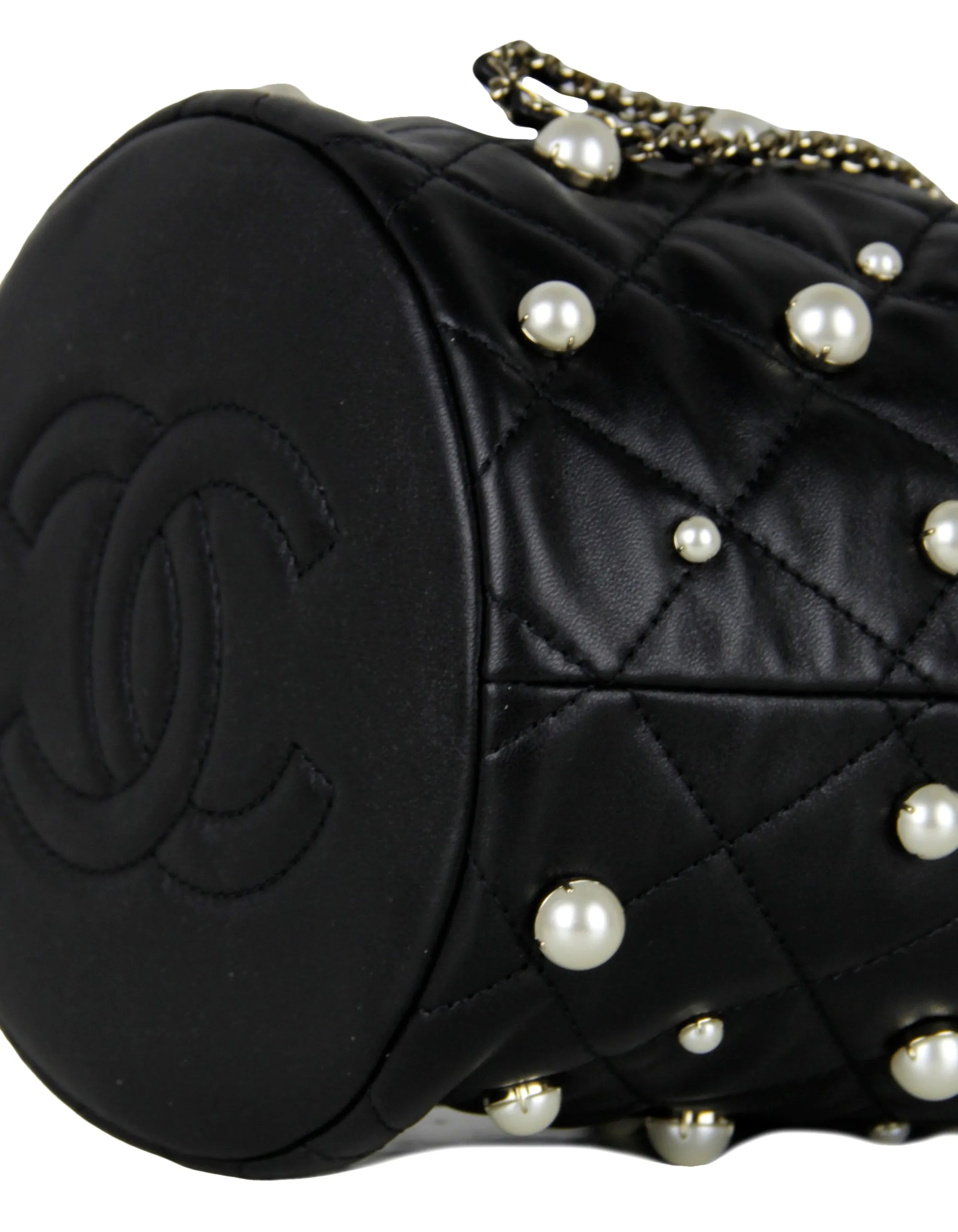 Chanel Black Leather Pearl Bucket Bag