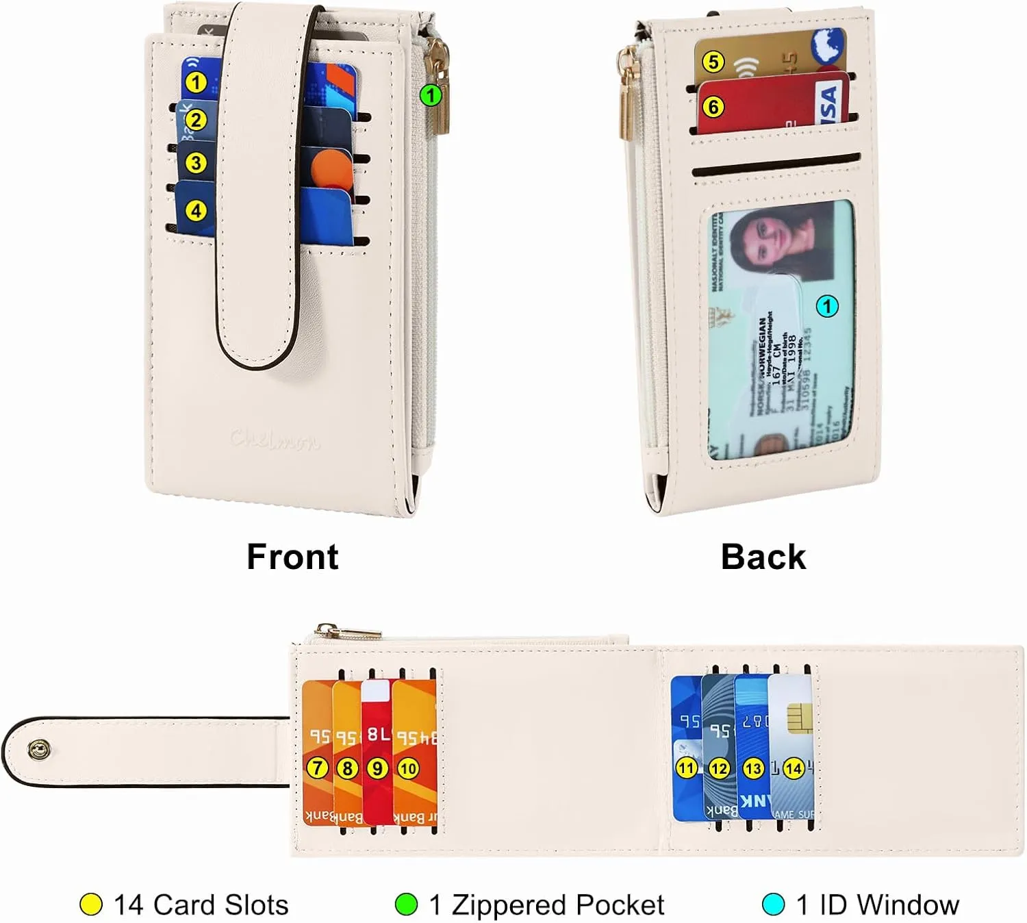 Chelmon Womens Wallet Slim RFID Blocking Bifold Multi Card Case Wallet with Zipper Pocket (Beige)