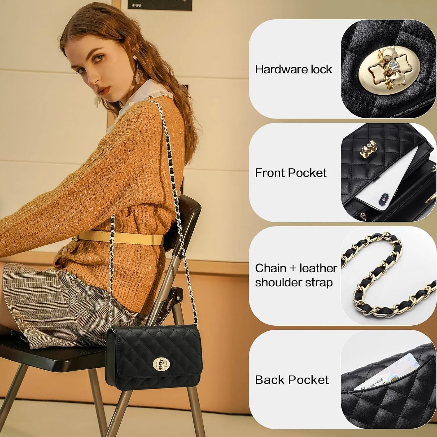 FOXLOVER Quilted Crossbody Purse for Women Faux Leather Trendy Ladies Shoulder Bag with Chain
