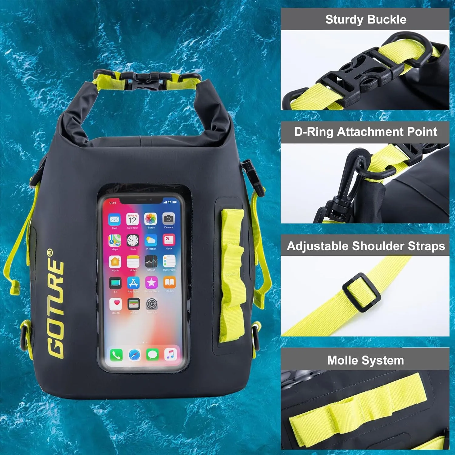 Goture Dry Bag, 5L Waterproof Bag with Shoulder Straps, 500D PVC Small Dry Sack Touchscreen Waterproof Backpack Phone Pouch, Roll Top Crossbody for Kayaking, Boating, Fishing, Camping, Beach, Travel