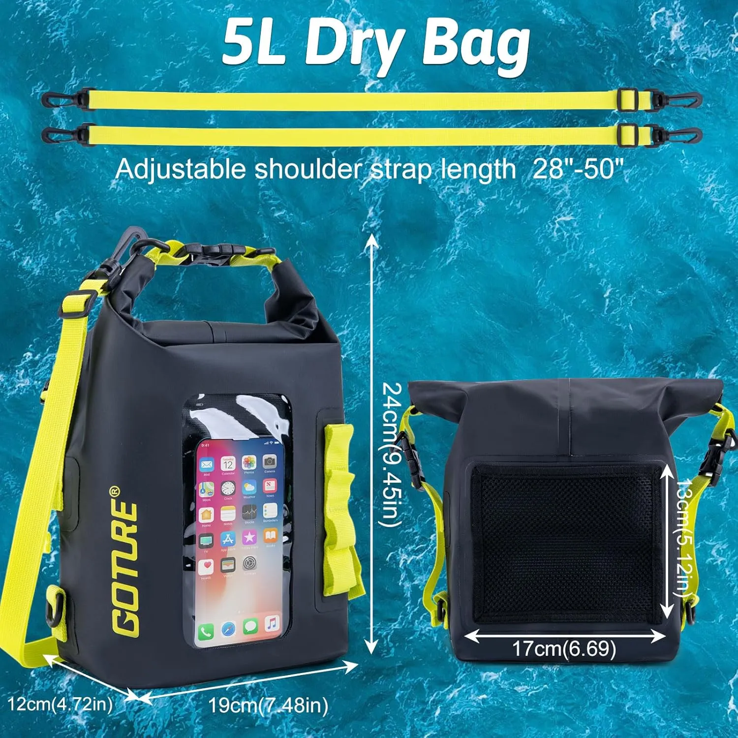 Goture Dry Bag, 5L Waterproof Bag with Shoulder Straps, 500D PVC Small Dry Sack Touchscreen Waterproof Backpack Phone Pouch, Roll Top Crossbody for Kayaking, Boating, Fishing, Camping, Beach, Travel