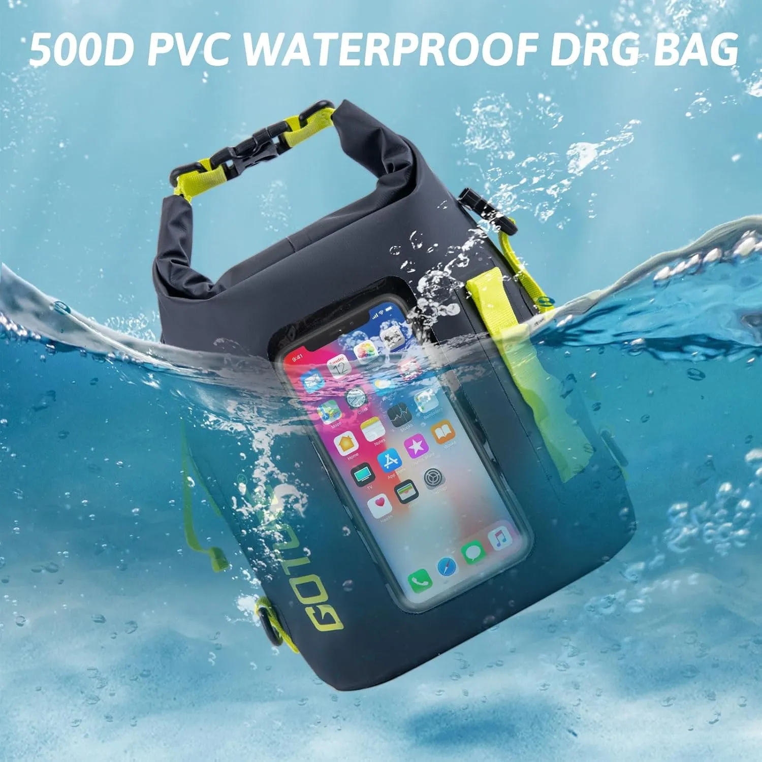 Goture Dry Bag, 5L Waterproof Bag with Shoulder Straps, 500D PVC Small Dry Sack Touchscreen Waterproof Backpack Phone Pouch, Roll Top Crossbody for Kayaking, Boating, Fishing, Camping, Beach, Travel