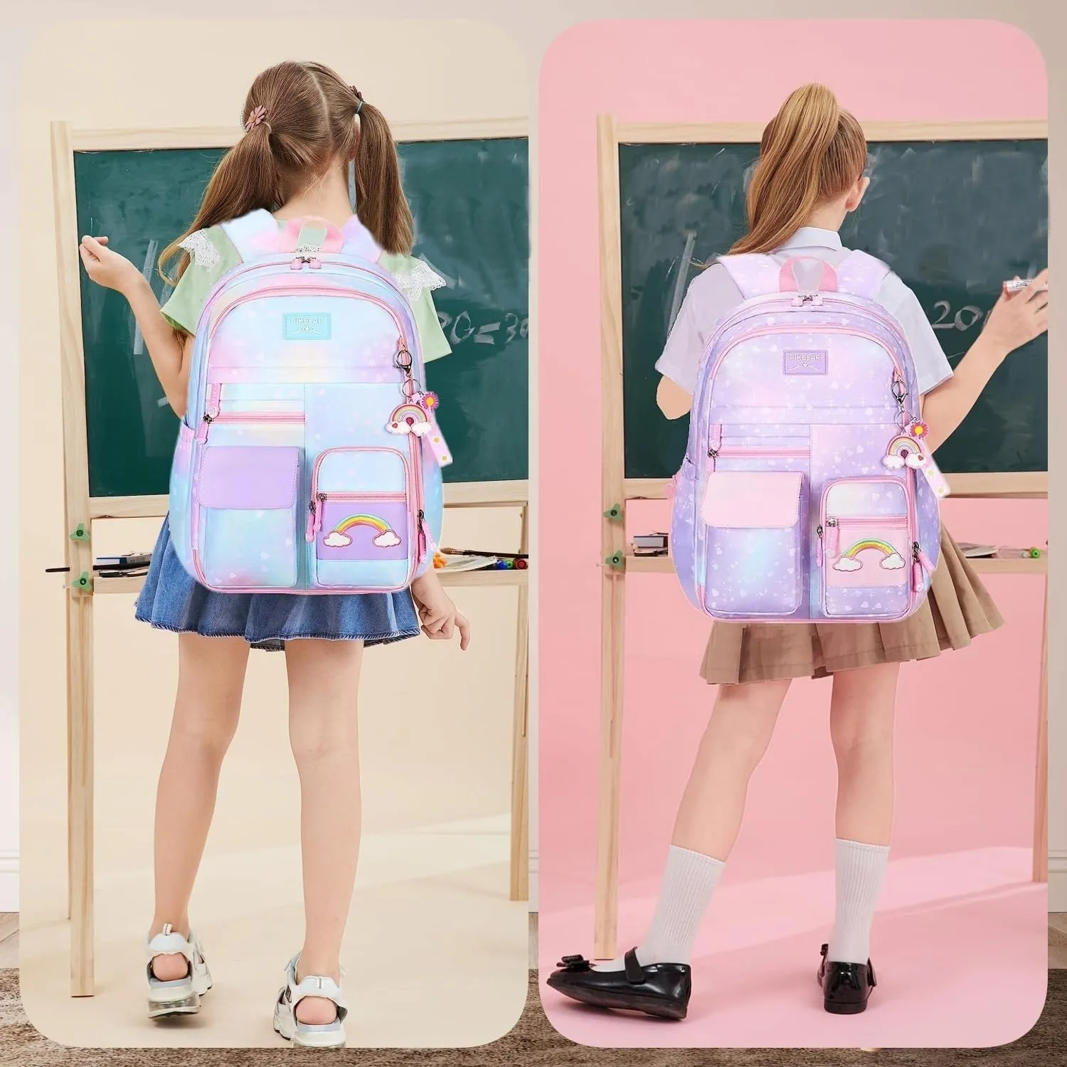 Heart-Print Blue Girls Backpack for Elementary School Kids Bookbag with Compartments Cute Student Backpack for Girls