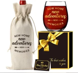 House Warming Gifts New Home Gift Ideas New House Apartment Gifts for Women Men Couple-15 oz Stemless Housewarming Wine Glass And Wine Bag