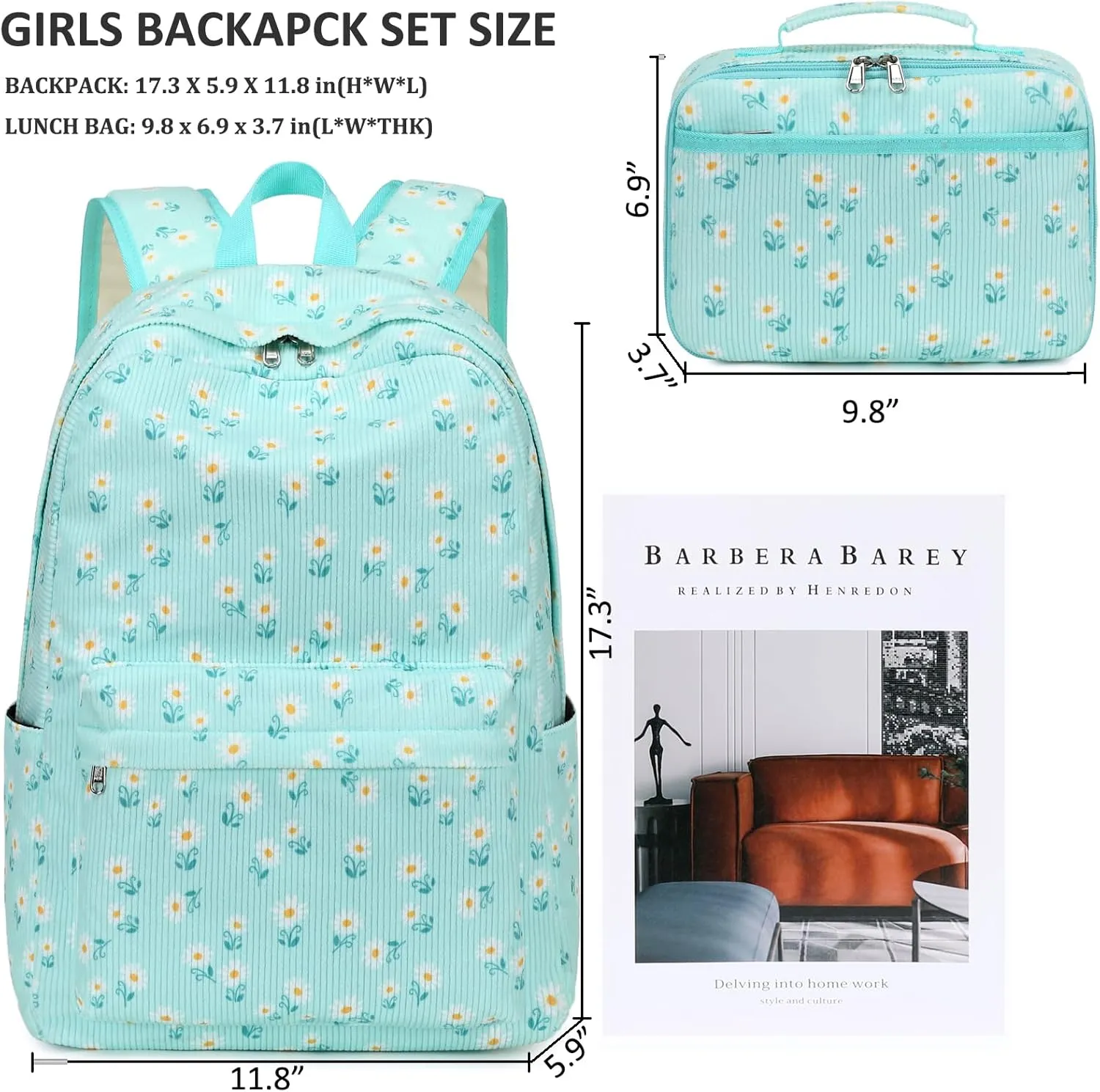 JIANYA Girls Backpack for School - Daisy Backpack with Lunch Box - Lightweight Kids School Bag Bookbag for Elementary Girl