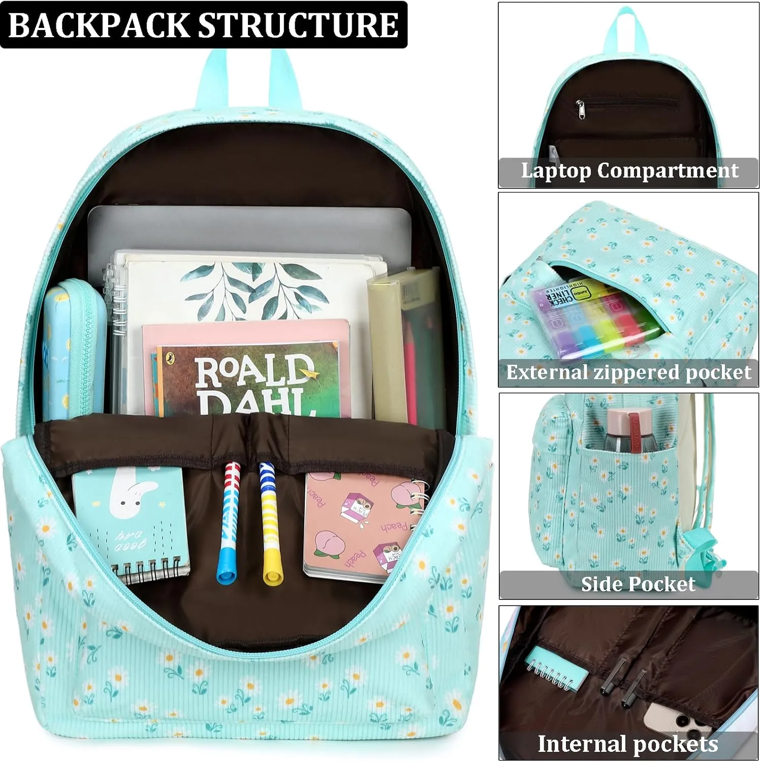 JIANYA Girls Backpack for School - Daisy Backpack with Lunch Box - Lightweight Kids School Bag Bookbag for Elementary Girl