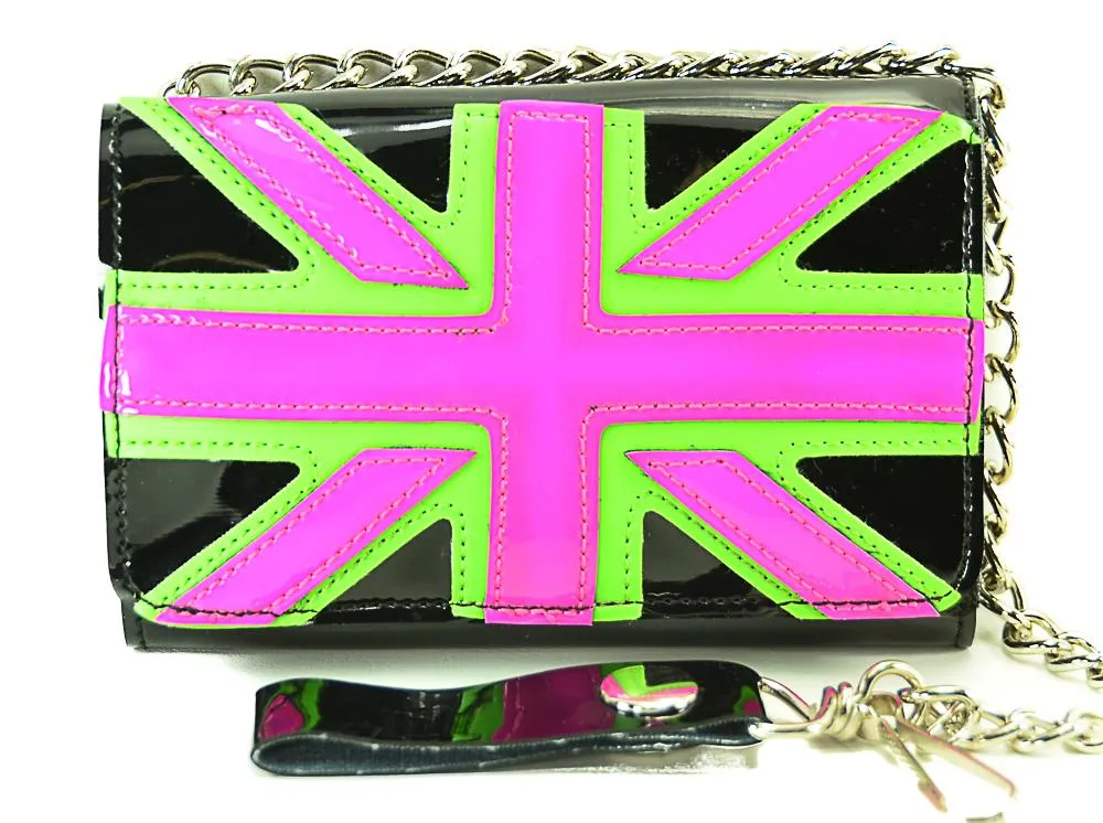 Large Black Patent Tri Fold Wallet With Green &Amp; Pink English Flag Patch