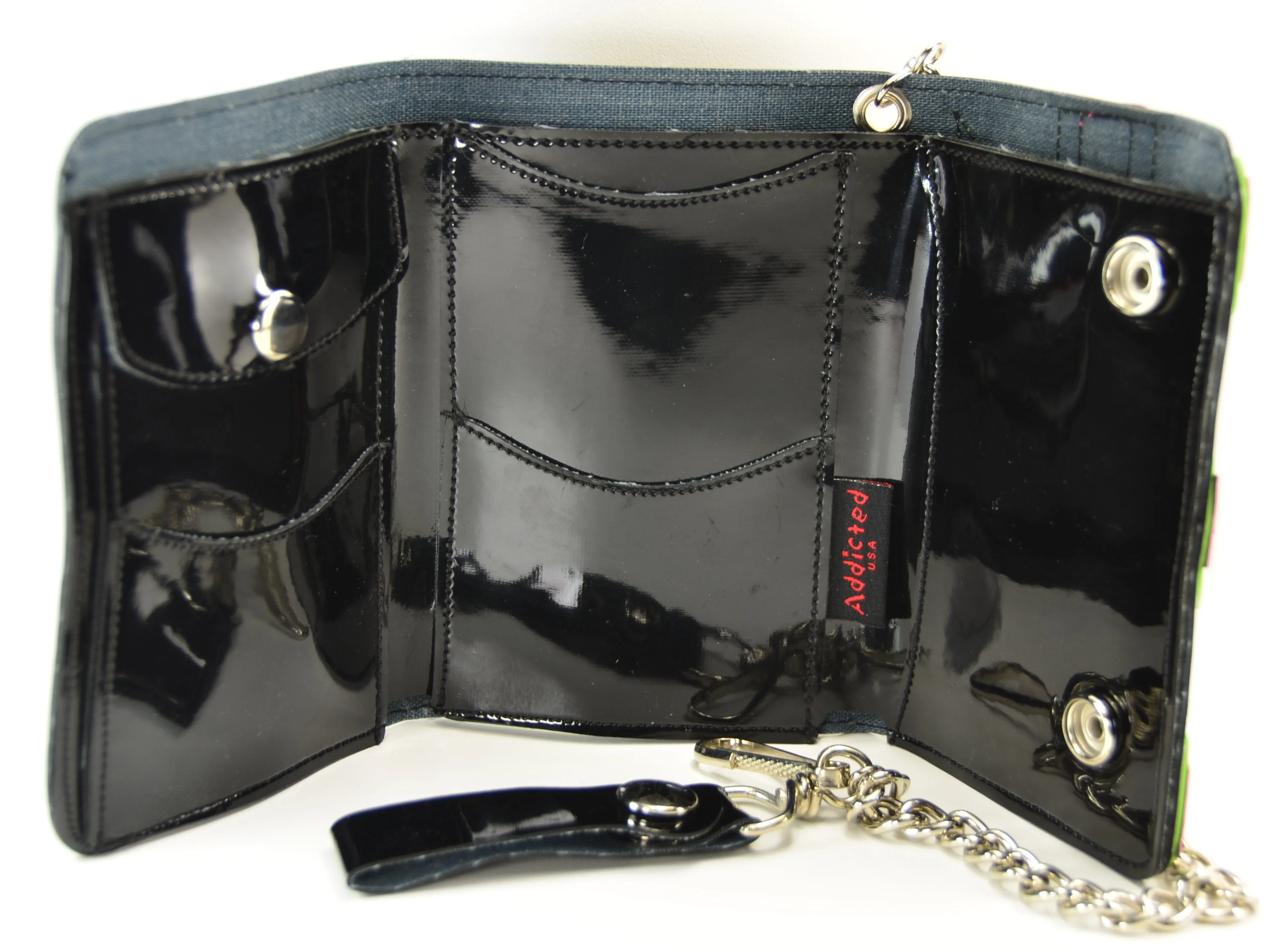 Large Black Patent Tri Fold Wallet With Green &Amp; Pink English Flag Patch