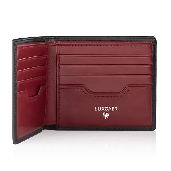 Luxury calfskin leather wallet in black and burgundy - 8 card slot