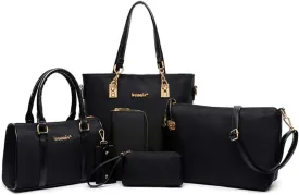 Nylon 6 PCS Women Shoulder Bag Top-Handle Handbag Tote Purse Wallet Key Case Set