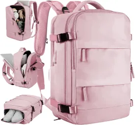 OKAERI. Extra Large Travel Backpack 40L Women Men Carry On USB Port Shoe Pouch Flight Approved Hiking Waterproof Outdoor Sports Rucksack Casual Daypack Travel Essential 18"x12" x8" (PINK)