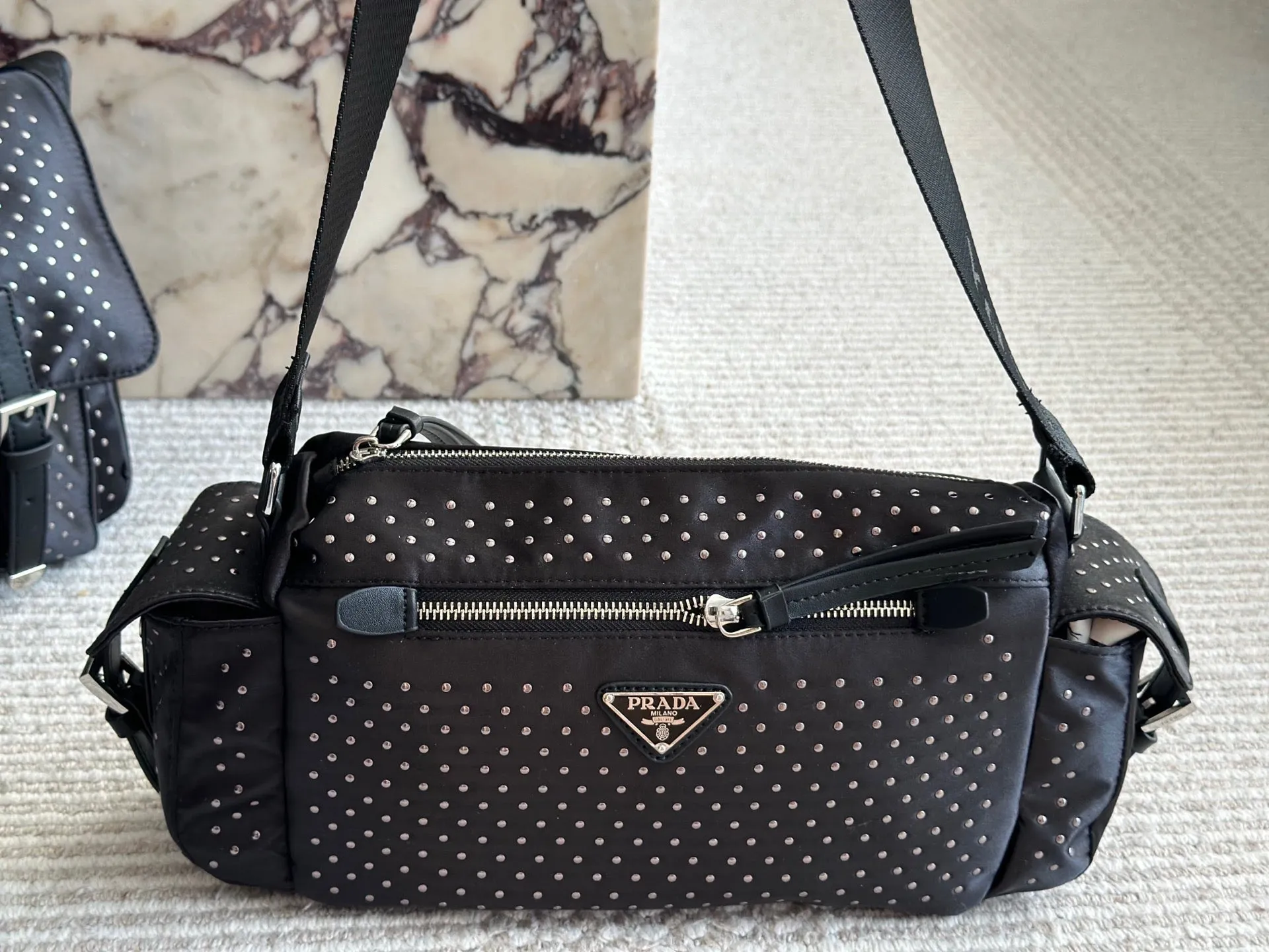 PD344 Re-Nylon Bag with Studs / 13.4x6.3inch