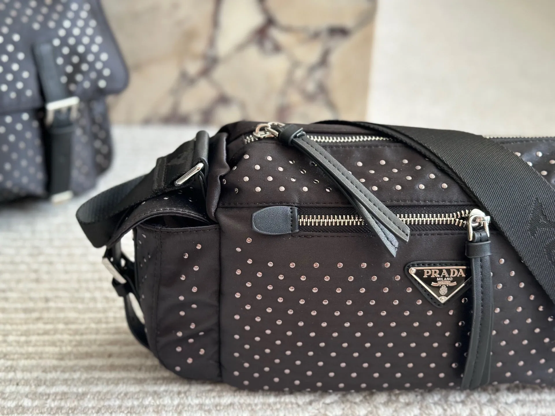 PD344 Re-Nylon Bag with Studs / 13.4x6.3inch