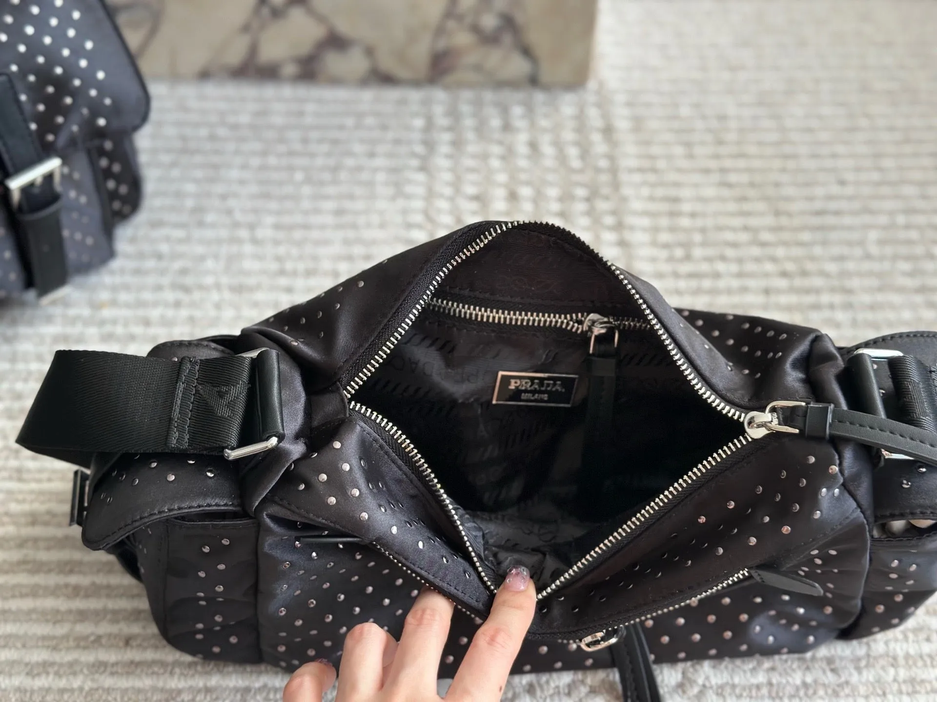 PD344 Re-Nylon Bag with Studs / 13.4x6.3inch