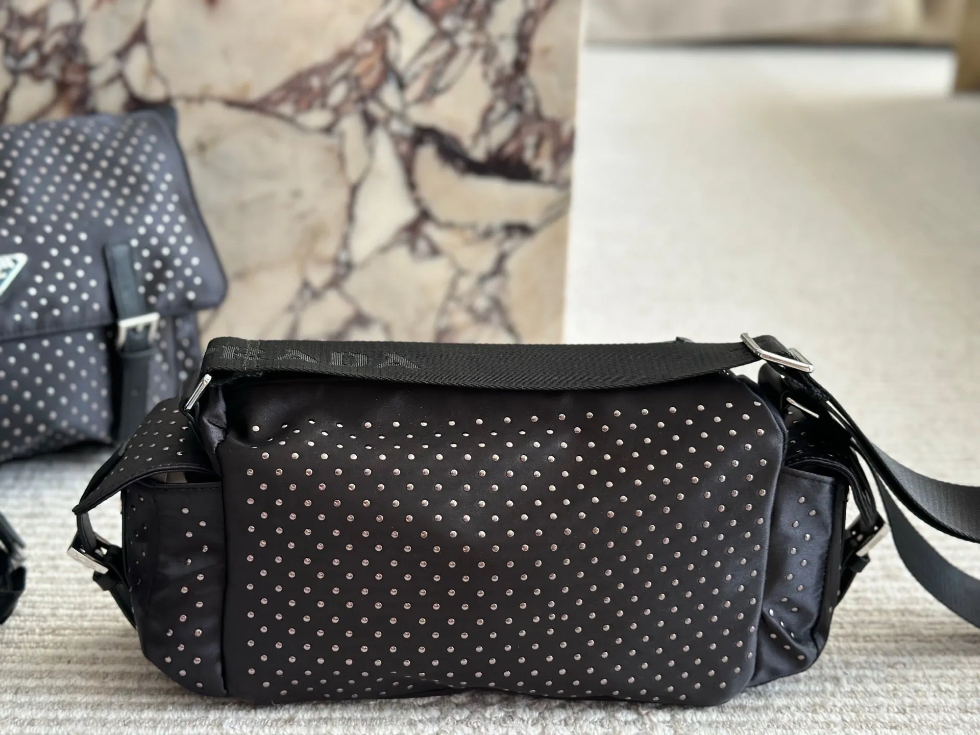 PD344 Re-Nylon Bag with Studs / 13.4x6.3inch