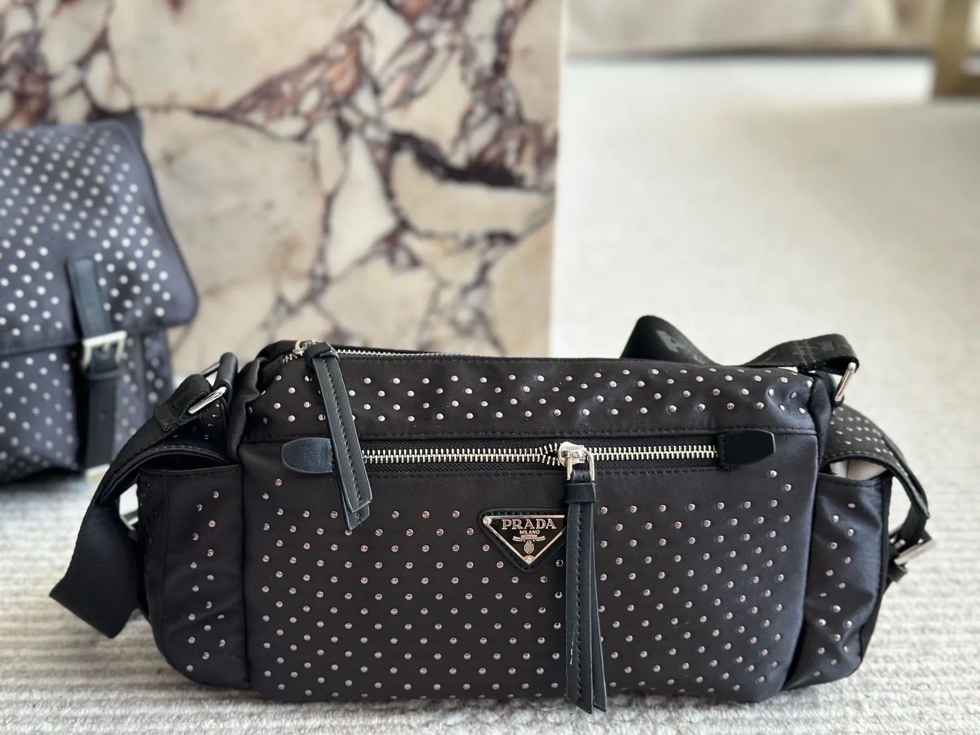 PD344 Re-Nylon Bag with Studs / 13.4x6.3inch