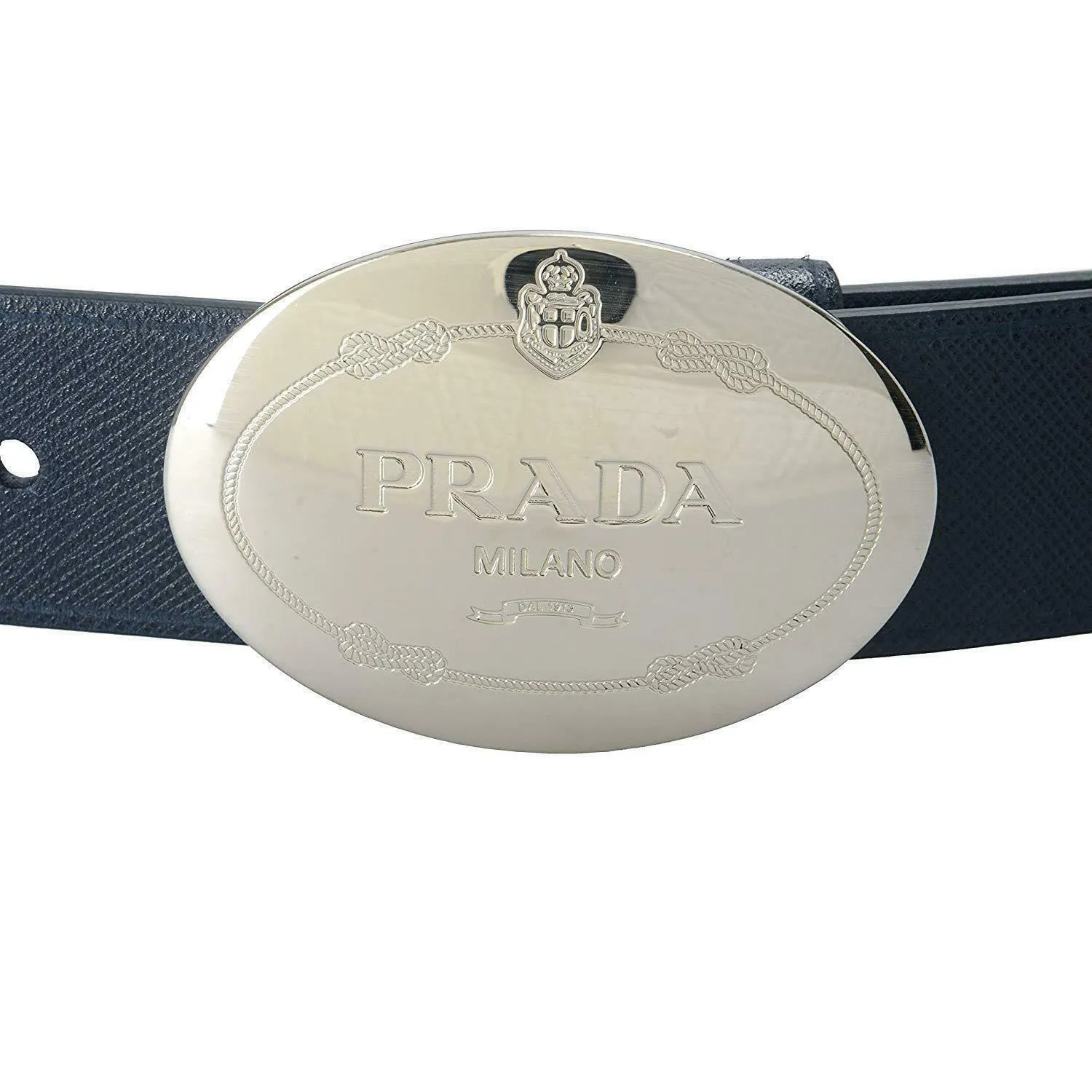 Prada Navy Blue Saffiano Leather Belt w Silver Belt Buckle 2CM046 Size 90 / 36