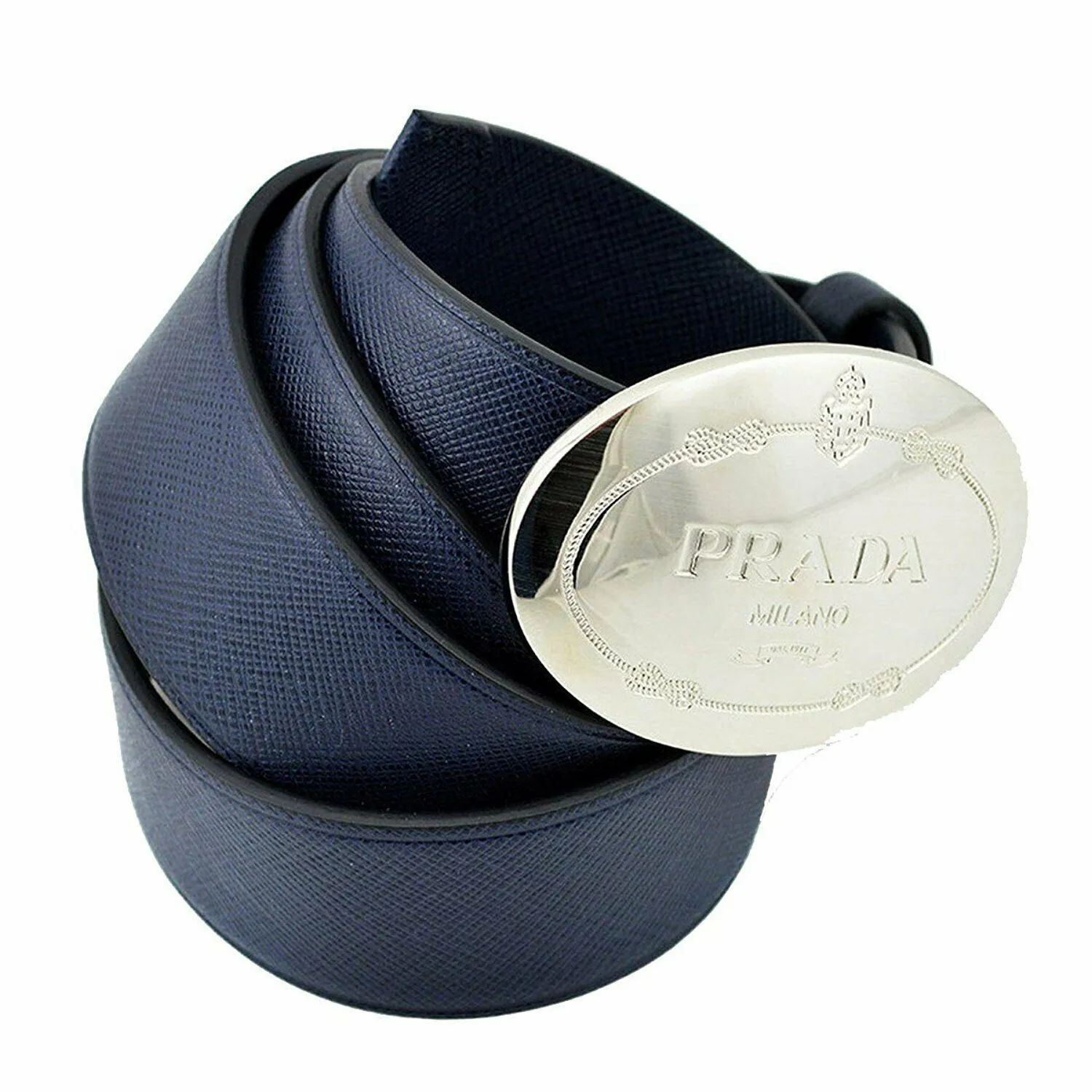Prada Navy Blue Saffiano Leather Belt w Silver Belt Buckle 2CM046 Size 90 / 36