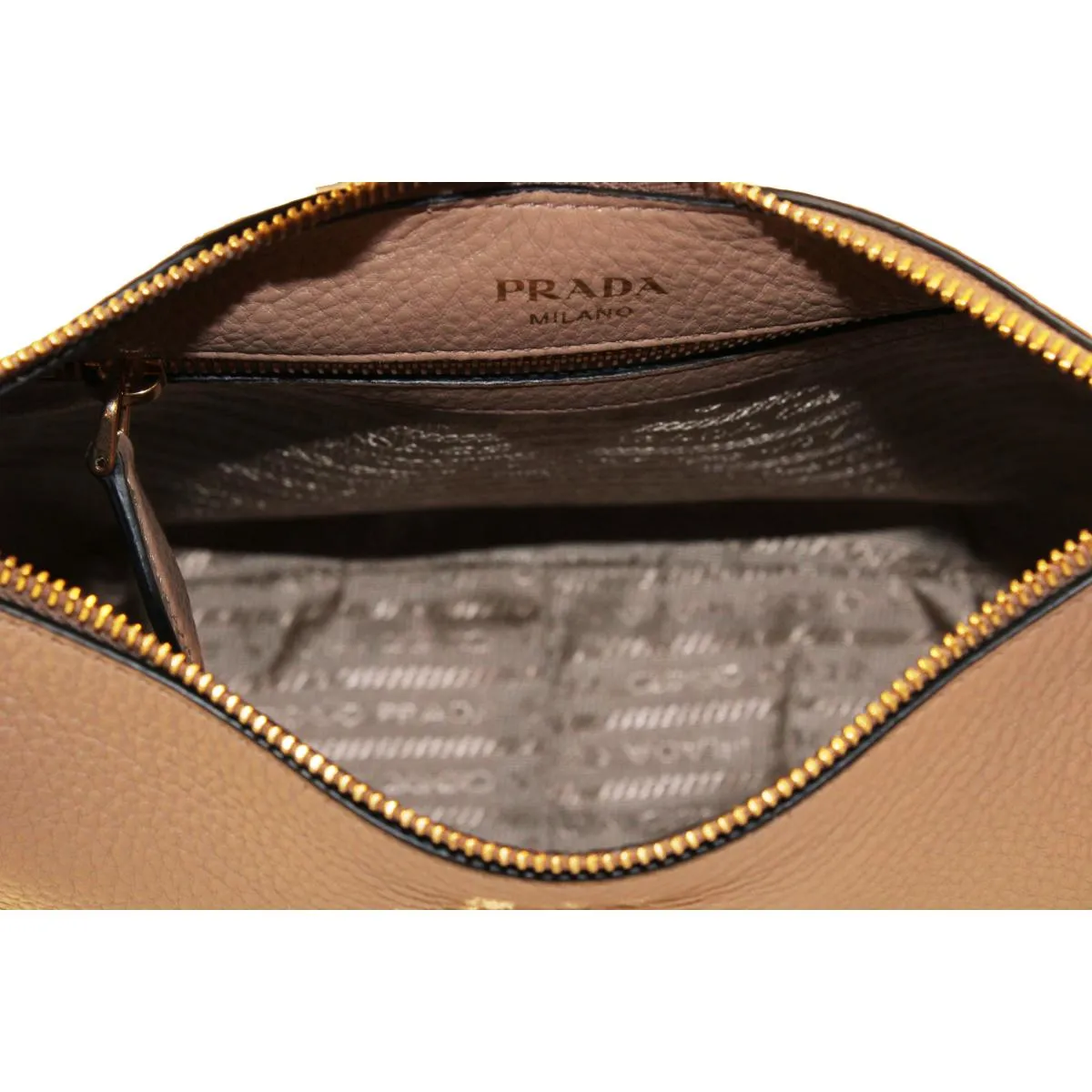 Prada Vitello Daino Tan Leather Bag Nylon Web Striped Strap 1BC166 - 1BC052