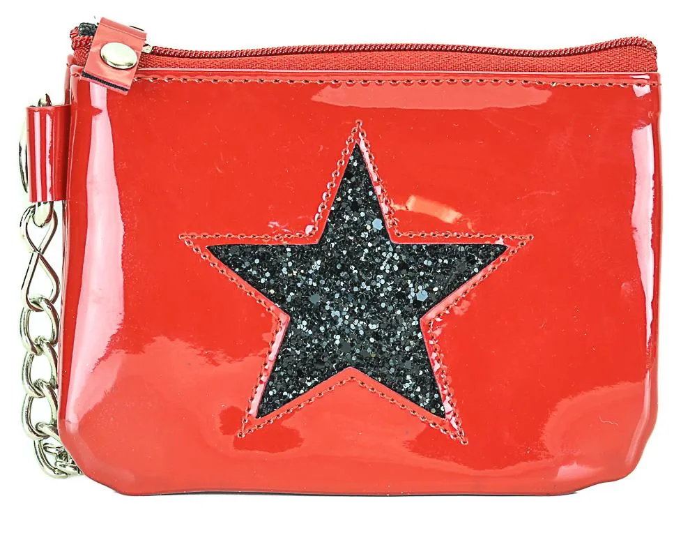 Red Patent Zipper Top Purse With Black Glitter Star Patch