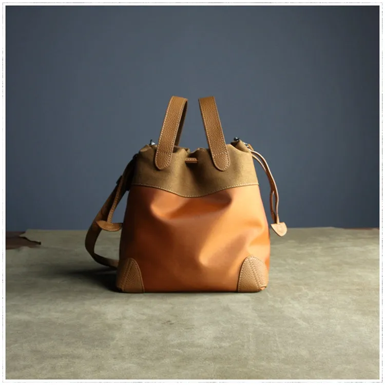 Small Womens Orange Nylon Leather Bucket Handbag Purse Nylon Leather Barrel Shoulder Bag Handbag Purse for Ladies