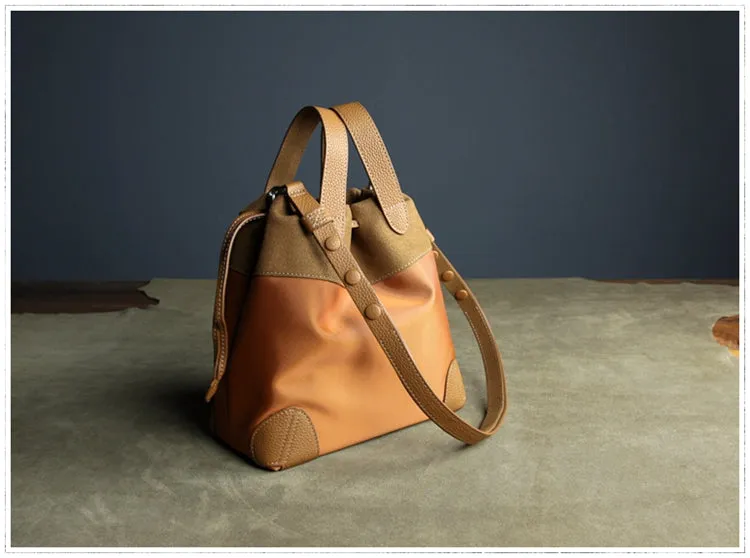 Small Womens Orange Nylon Leather Bucket Handbag Purse Nylon Leather Barrel Shoulder Bag Handbag Purse for Ladies
