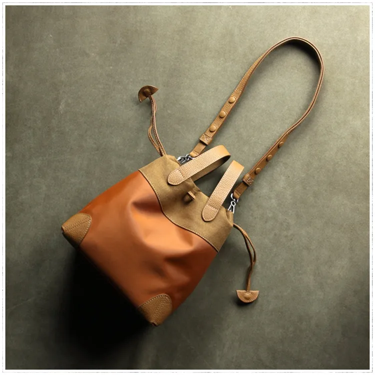 Small Womens Orange Nylon Leather Bucket Handbag Purse Nylon Leather Barrel Shoulder Bag Handbag Purse for Ladies