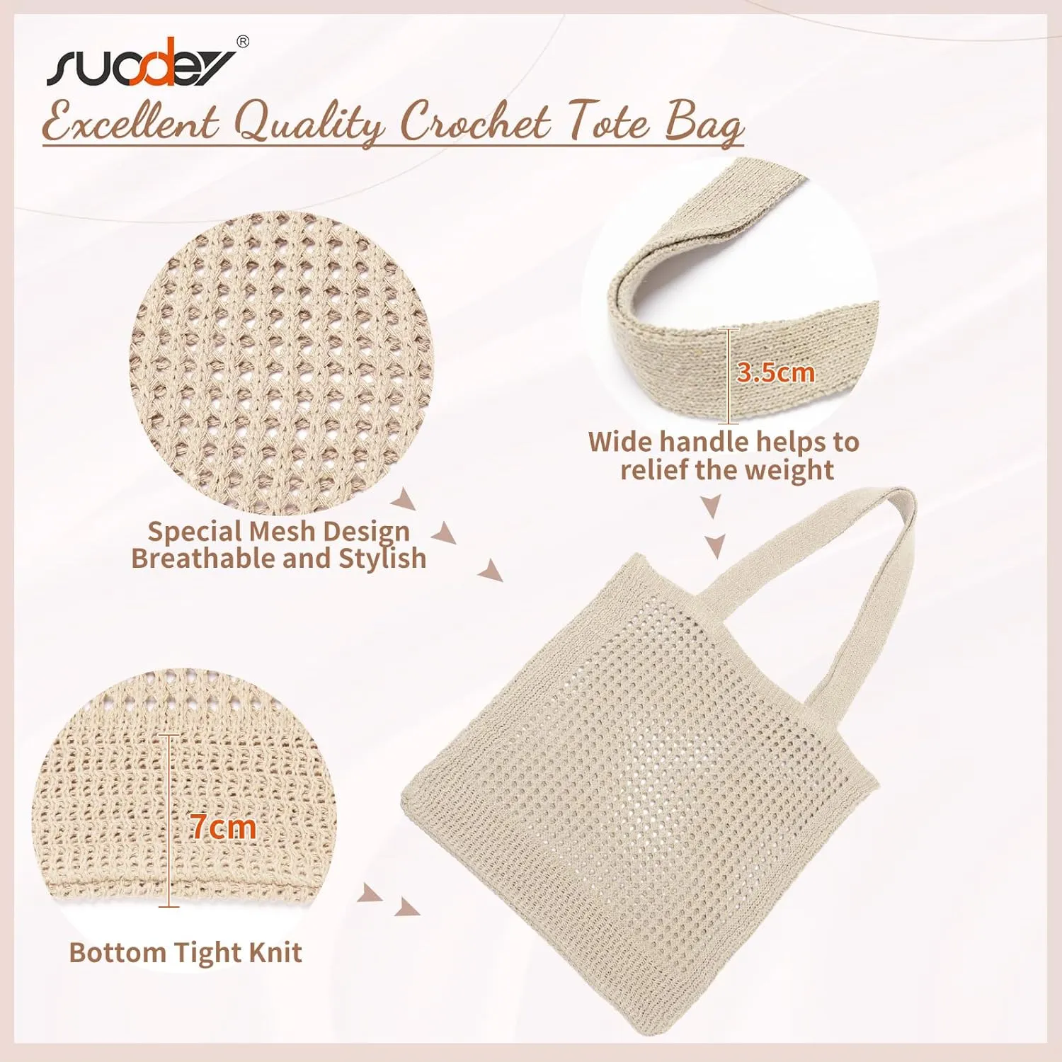 SUOSDEY Crochet Mesh Beach Tote Bag, Knit Summer Vacation Aesthetic Boho Tote Bag for Women