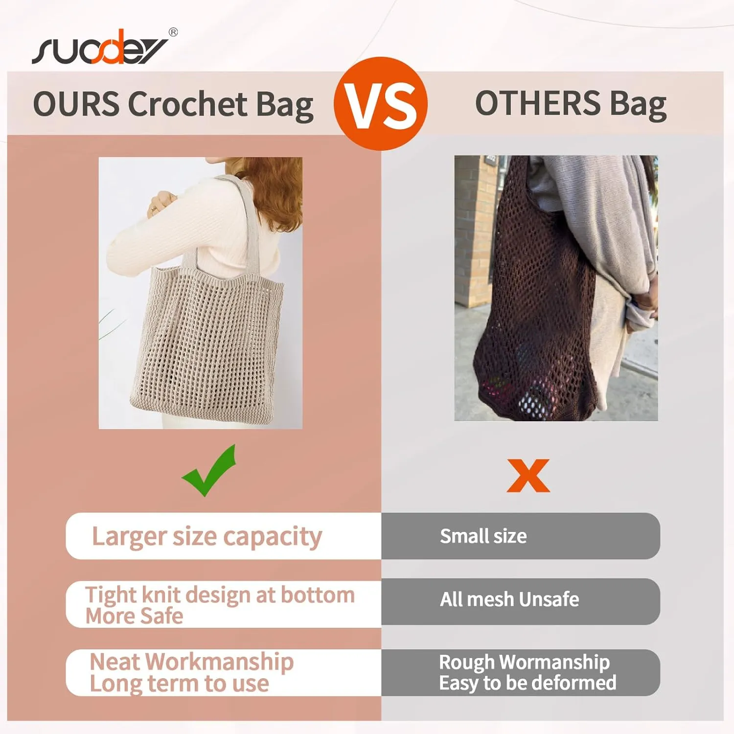 SUOSDEY Crochet Mesh Beach Tote Bag, Knit Summer Vacation Aesthetic Boho Tote Bag for Women