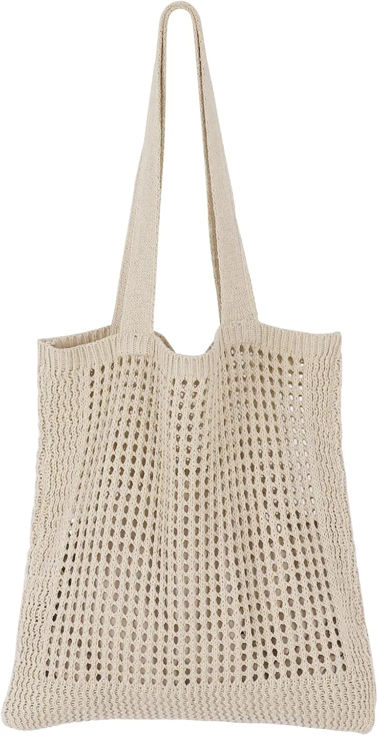 SUOSDEY Crochet Mesh Beach Tote Bag, Knit Summer Vacation Aesthetic Boho Tote Bag for Women