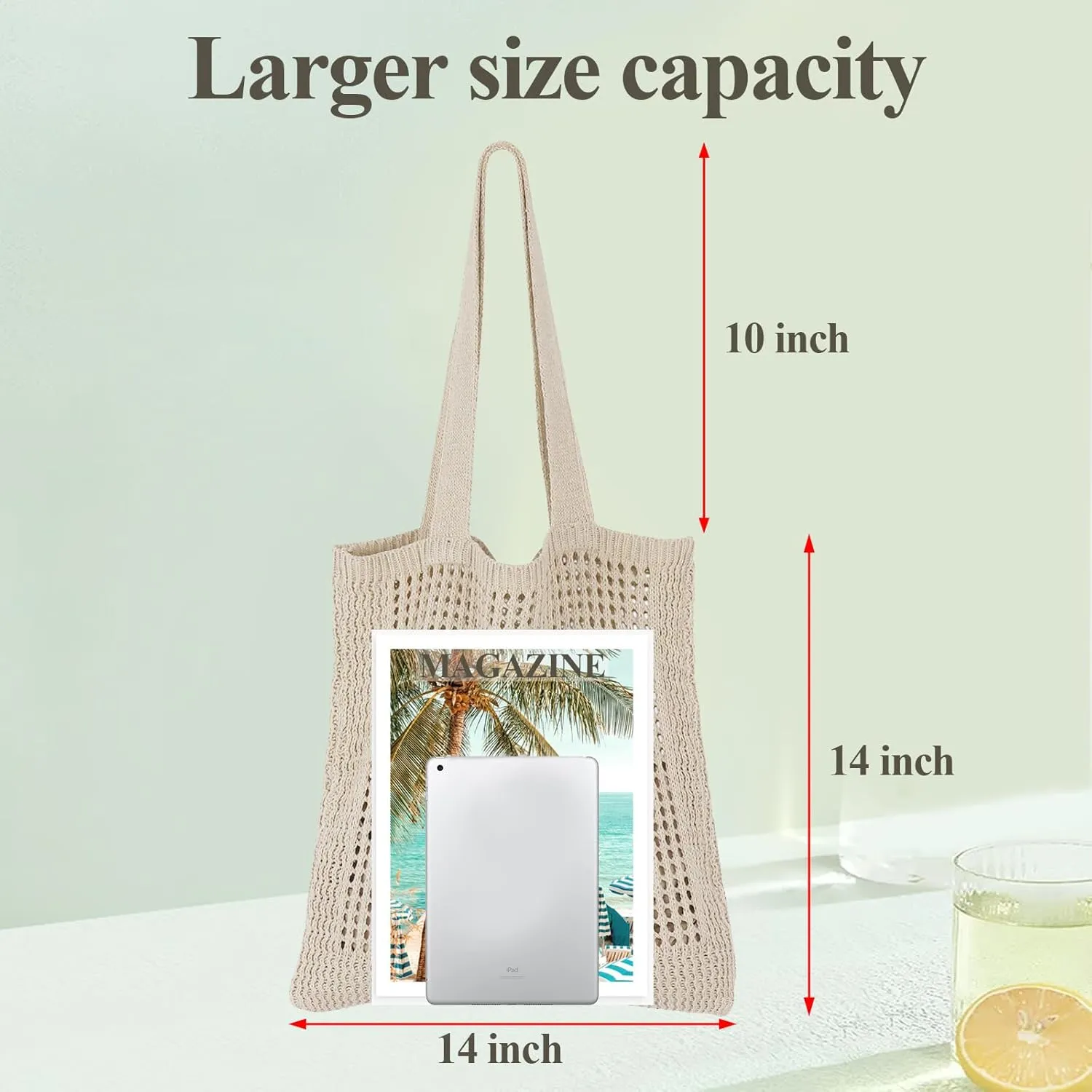 SUOSDEY Crochet Mesh Beach Tote Bag, Knit Summer Vacation Aesthetic Boho Tote Bag for Women