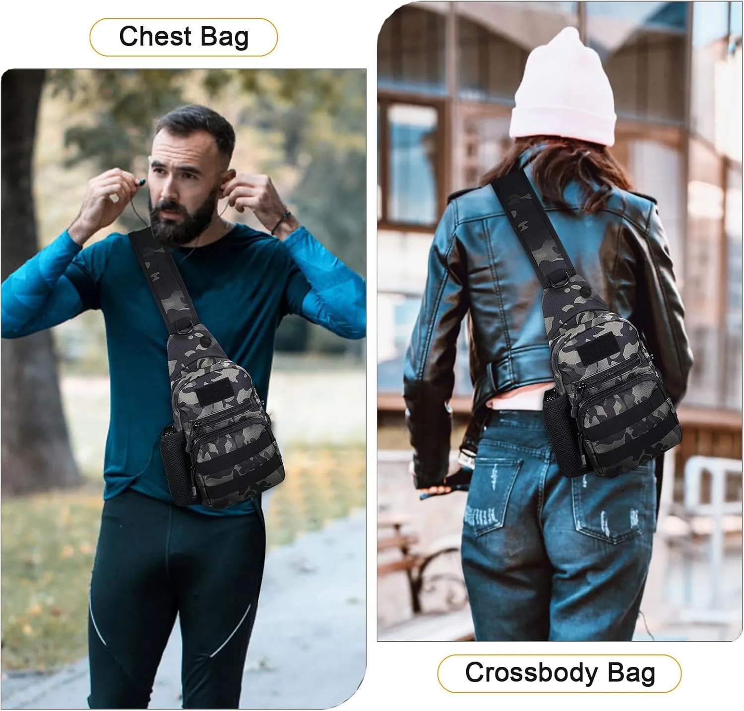 Tactical Sling Bag Military Chest Pack Small MOLLE Shoulder Backpack Mens One Strap Daypack with Water Bottle Holder Camo Black