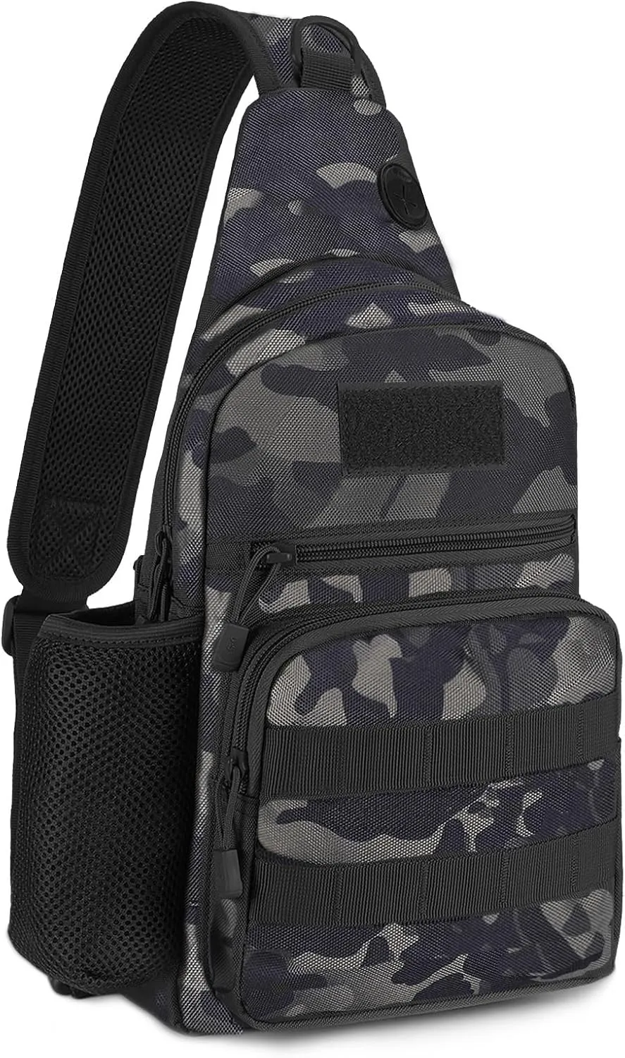 Tactical Sling Bag Military Chest Pack Small MOLLE Shoulder Backpack Mens One Strap Daypack with Water Bottle Holder Camo Black
