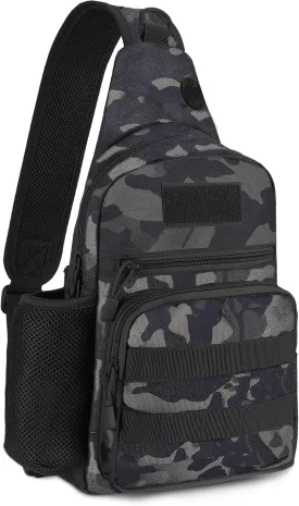 Tactical Sling Bag Military Chest Pack Small MOLLE Shoulder Backpack Mens One Strap Daypack with Water Bottle Holder Camo Black