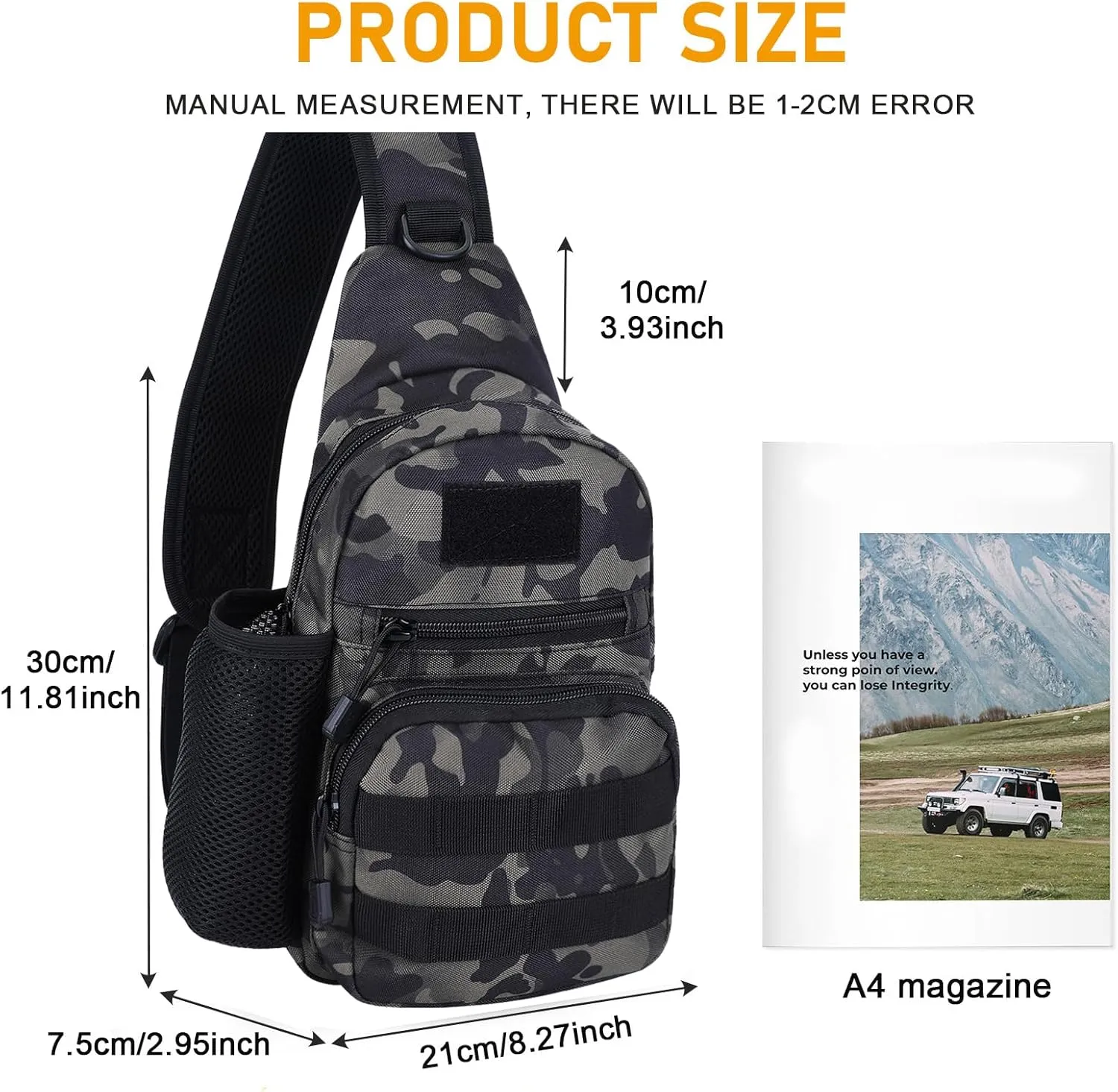 Tactical Sling Bag Military Chest Pack Small MOLLE Shoulder Backpack Mens One Strap Daypack with Water Bottle Holder Camo Black