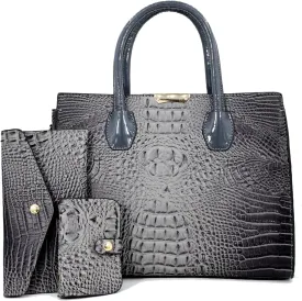 Tote Top-handle Handbags Patent PU Leather Women Purse Satchel Crocodile Pattern Shoulder Crossbody Bag 3 Pcs Set