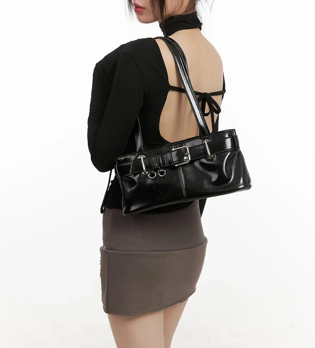 Vintage Shoulder Bag for Women Y2K Underarm Purse with Belt Buckle Small Satchel Tote Handbag