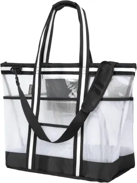 Vulken 42L Extra Large Mesh Beach Bag. 9 Pockets Top Zip Tote Bag Shoulder Bag
