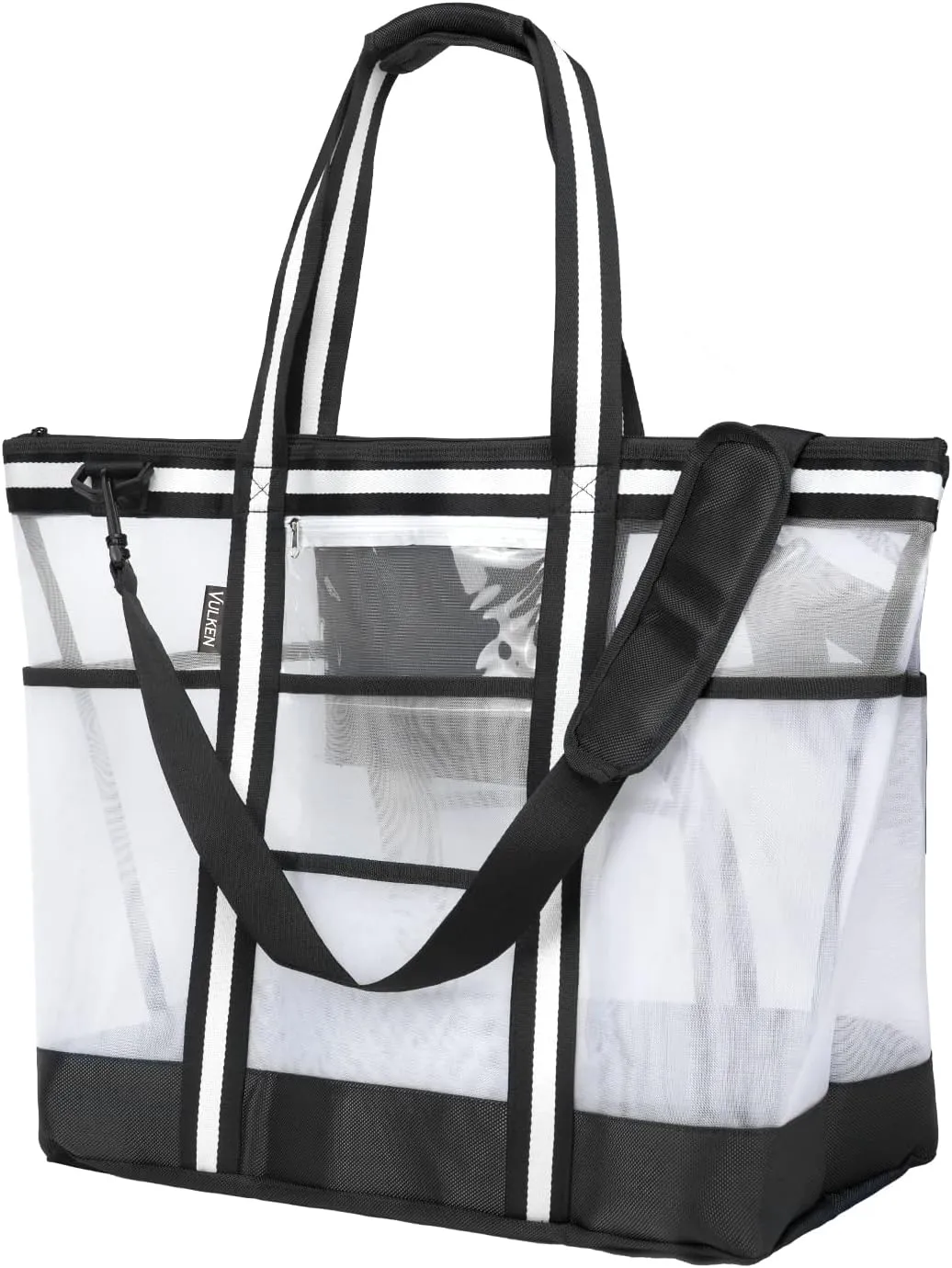 Vulken 42L Extra Large Mesh Beach Bag. 9 Pockets Top Zip Tote Bag Shoulder Bag