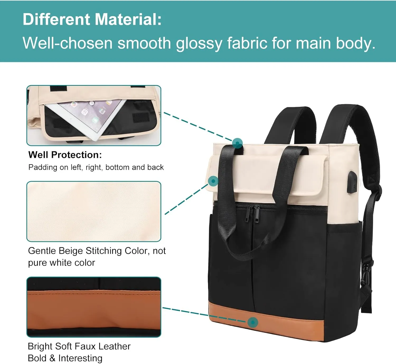 Women's Convertible Daypack Laptop Backpack, Computer Backpack Work Backpack with USB Charging Port