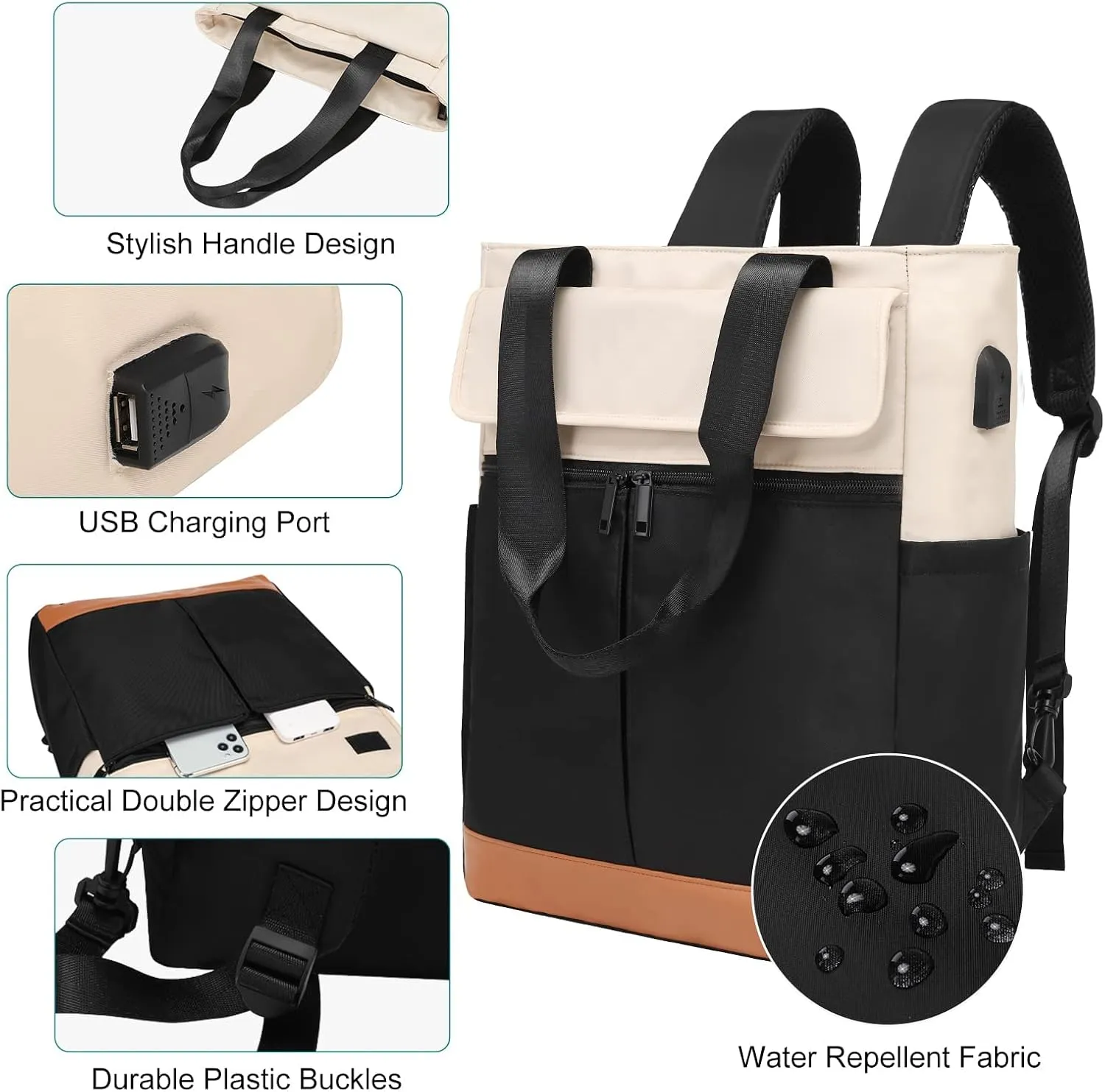 Women's Convertible Daypack Laptop Backpack, Computer Backpack Work Backpack with USB Charging Port