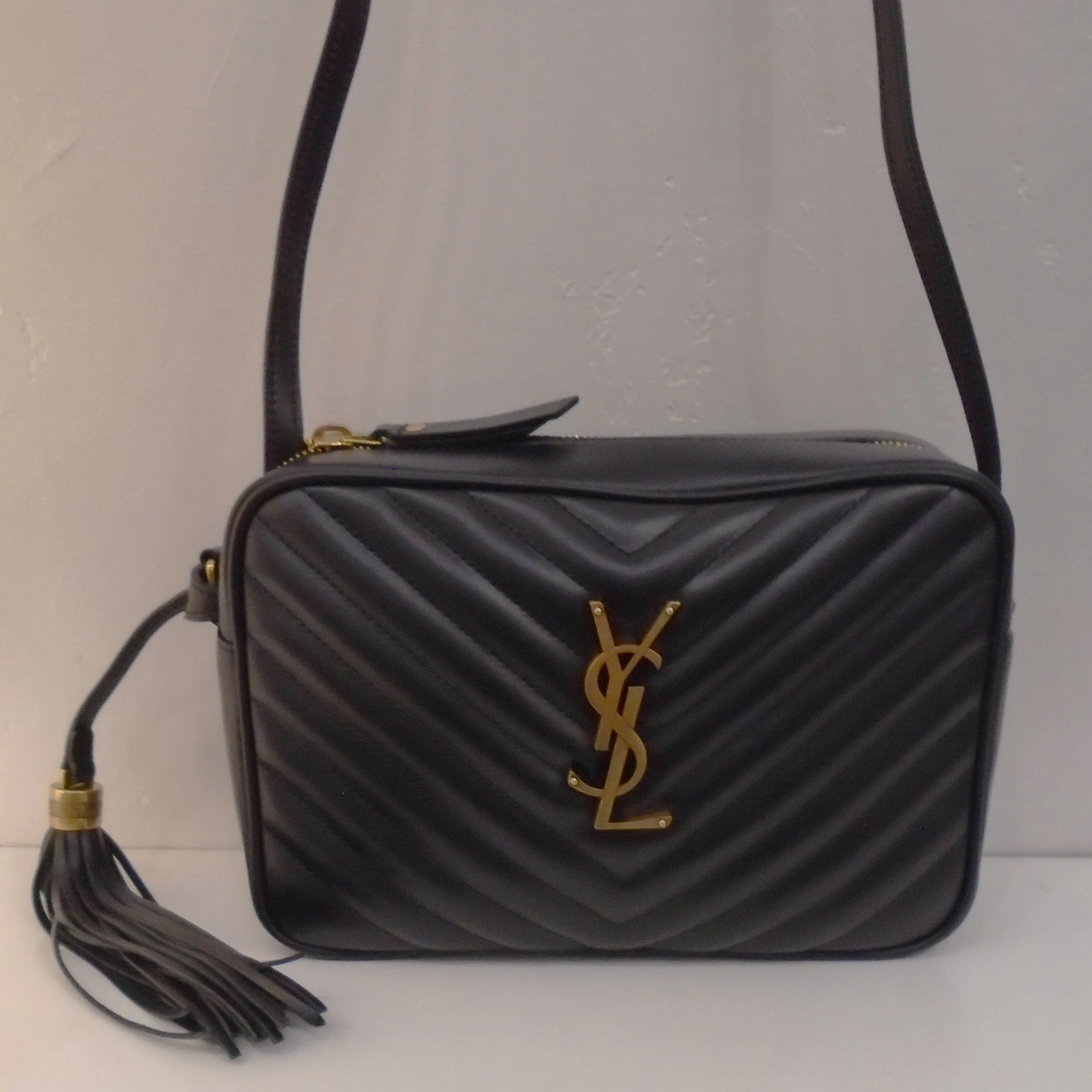 YSL Black Lou Medium Crossbody Chevron Camera Bag