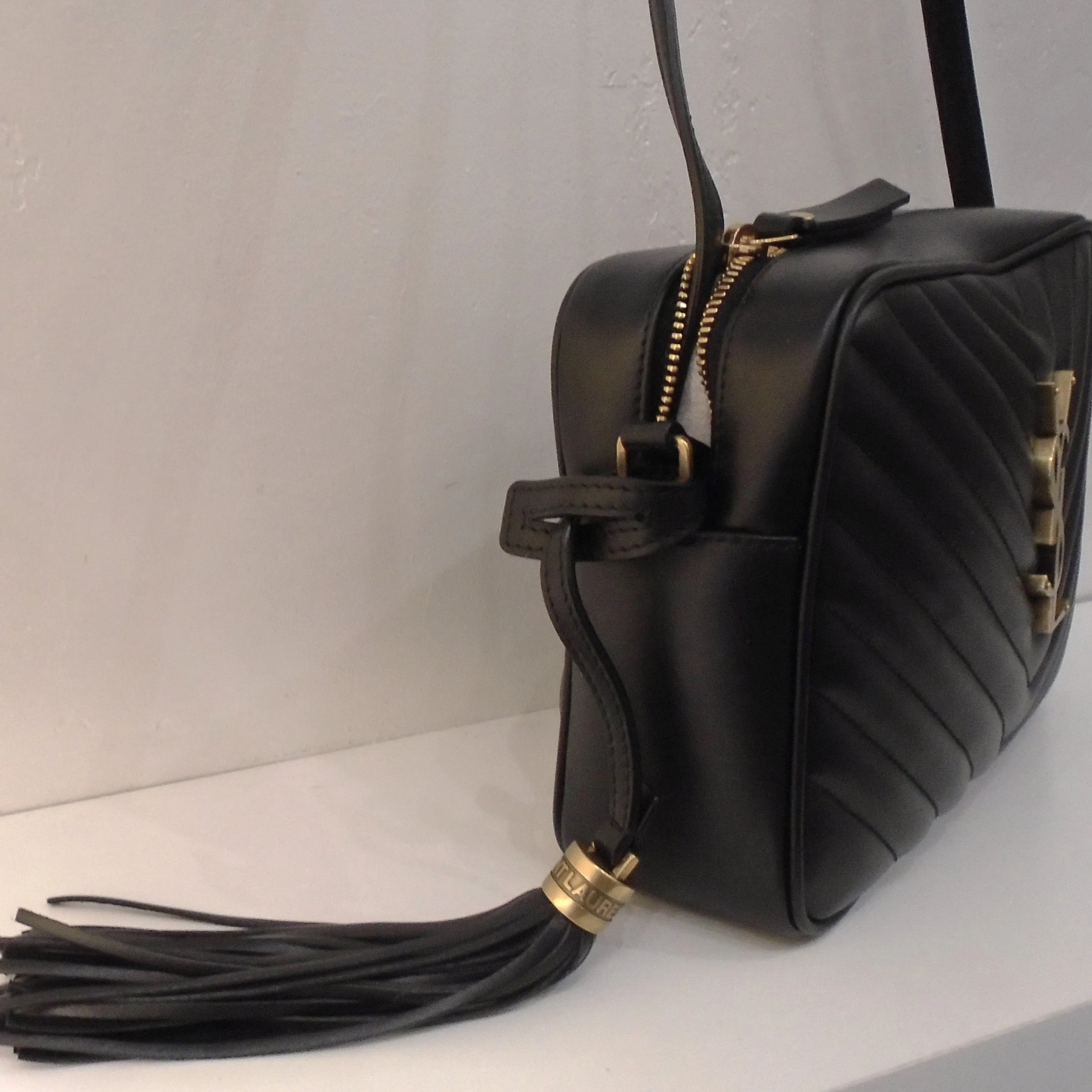 YSL Black Lou Medium Crossbody Chevron Camera Bag