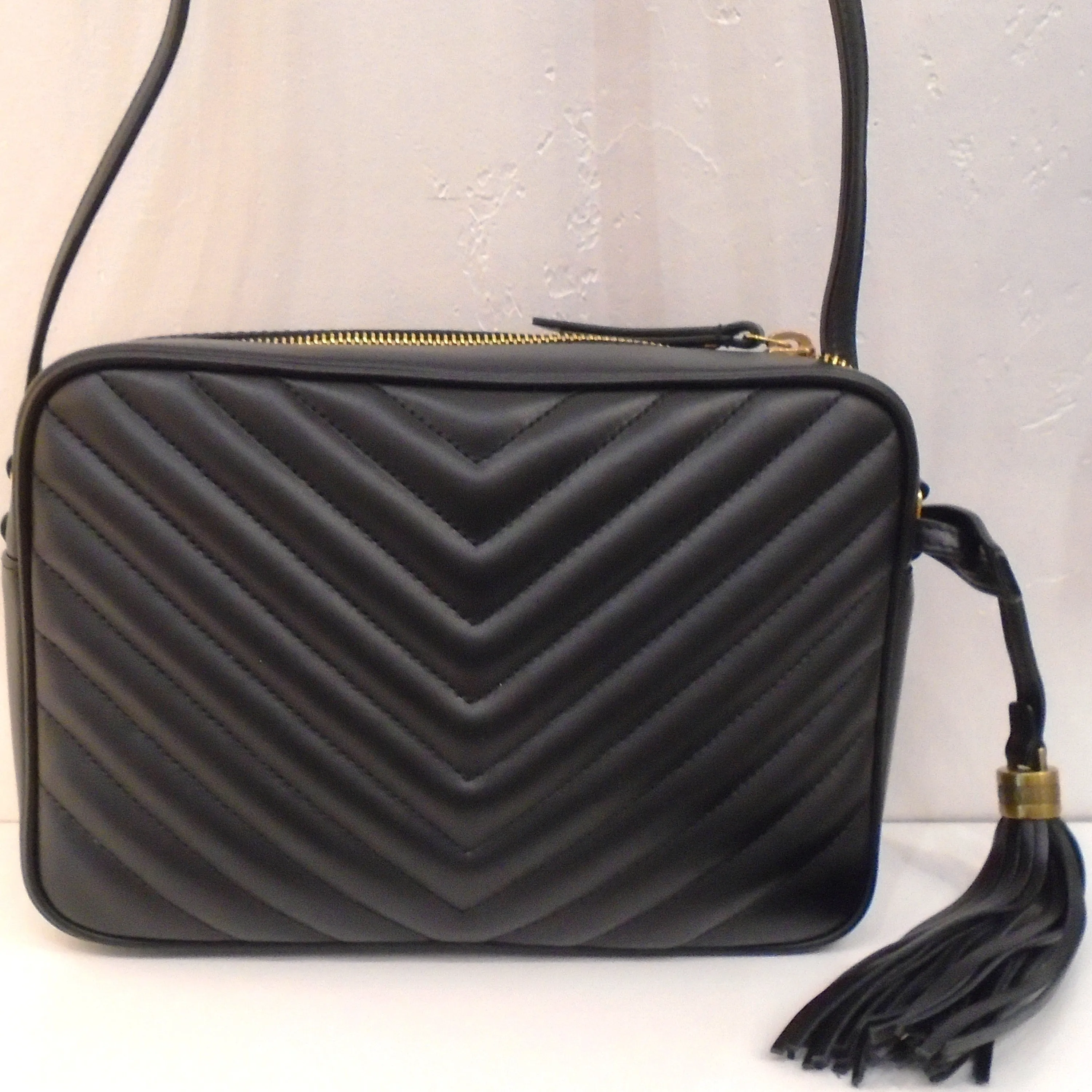 YSL Black Lou Medium Crossbody Chevron Camera Bag